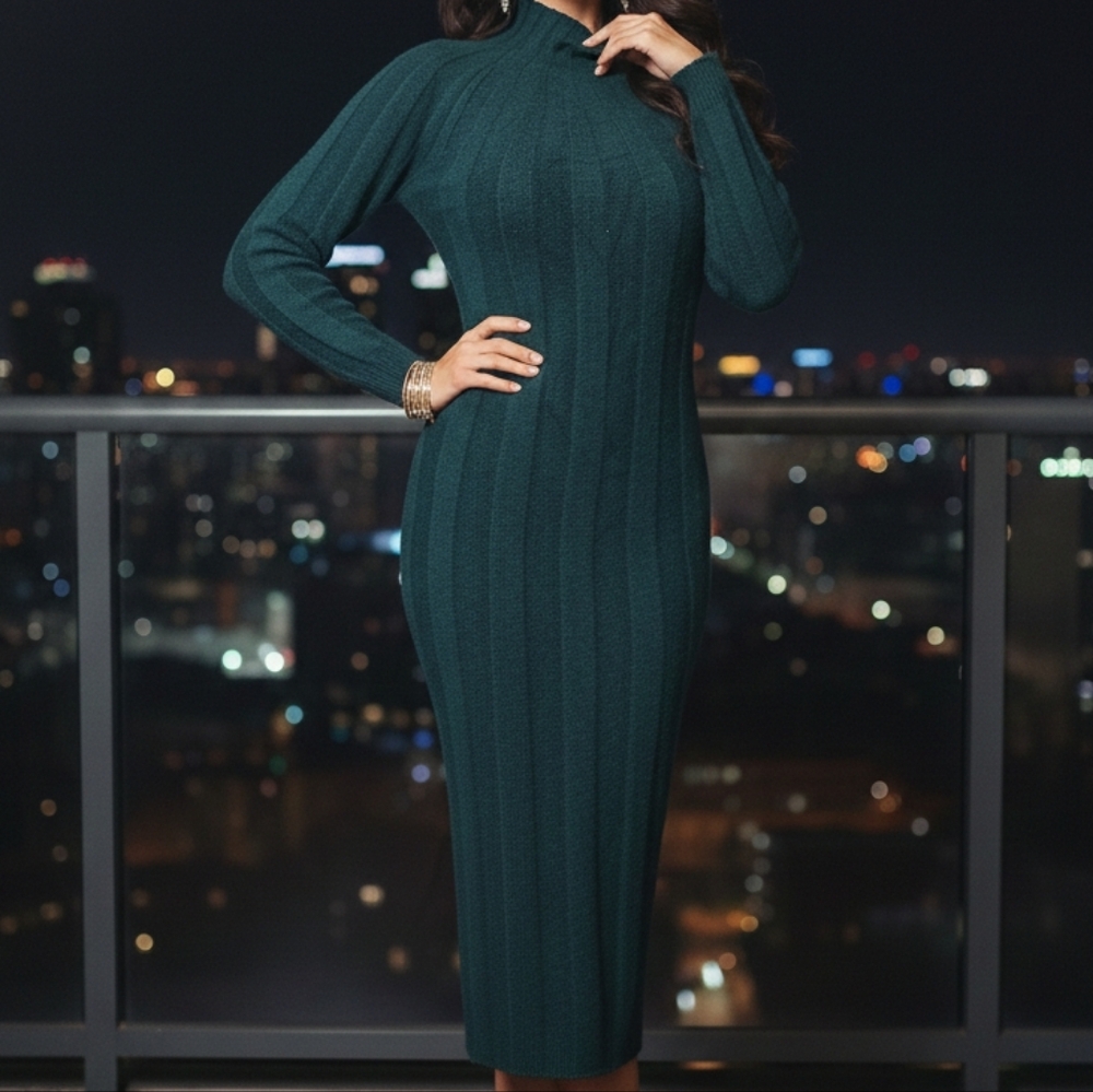 Elegant Green Ribbed Knit Dress Sweater Dress